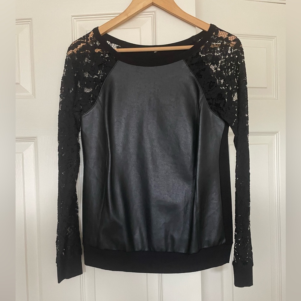 Pleather Top with Lace Long Sleeve